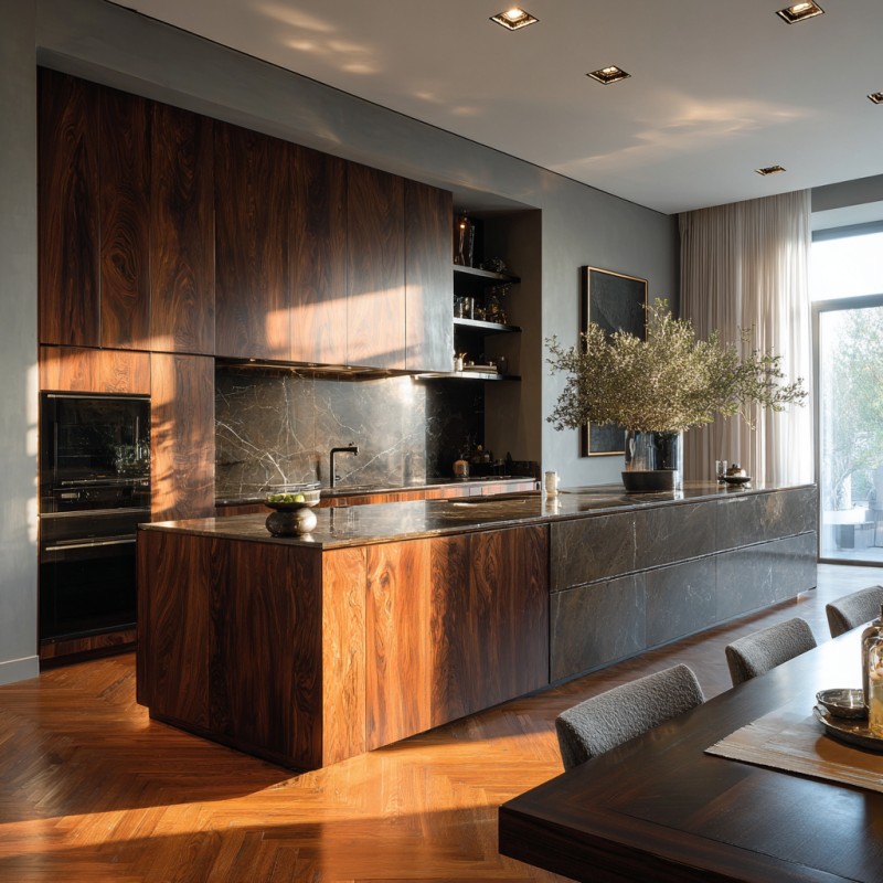 Tủ bếp gỗ veneer tối giản